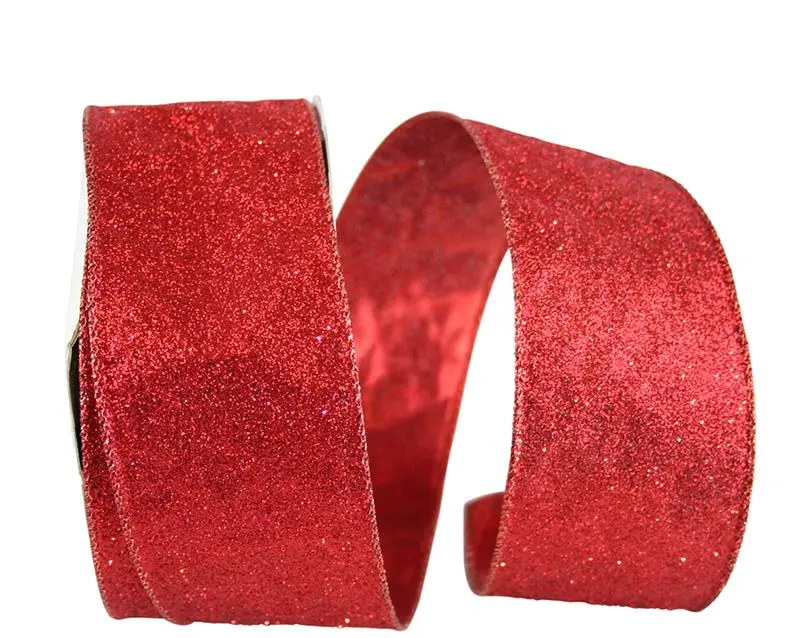 GLITTER METALLIC SHINY BACK WIRED EDGE RED 2.5 Inch X 25 Yards
