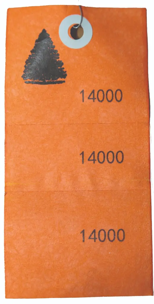 3 Part Tree Tag Orange w/ Wire.  Bundles of 100. Weather Proof Material.