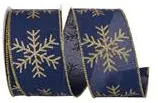 [94045W-690-40F] SNOWFLAKE GRAND GLITTER LINEN WIRED EDGE NAVY/GOLD 2.5"X10YRD