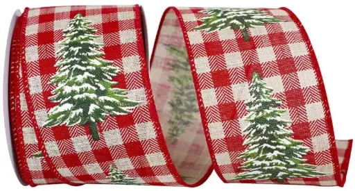 [93746W-756-40F] CHRISTMAS TREE GINGHAM WIRED EDGE NATURAL/RED 2.5"X10YRD
